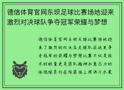 德信体育官网东坝足球比赛场地迎来激烈对决球队争夺冠军荣耀与梦想
